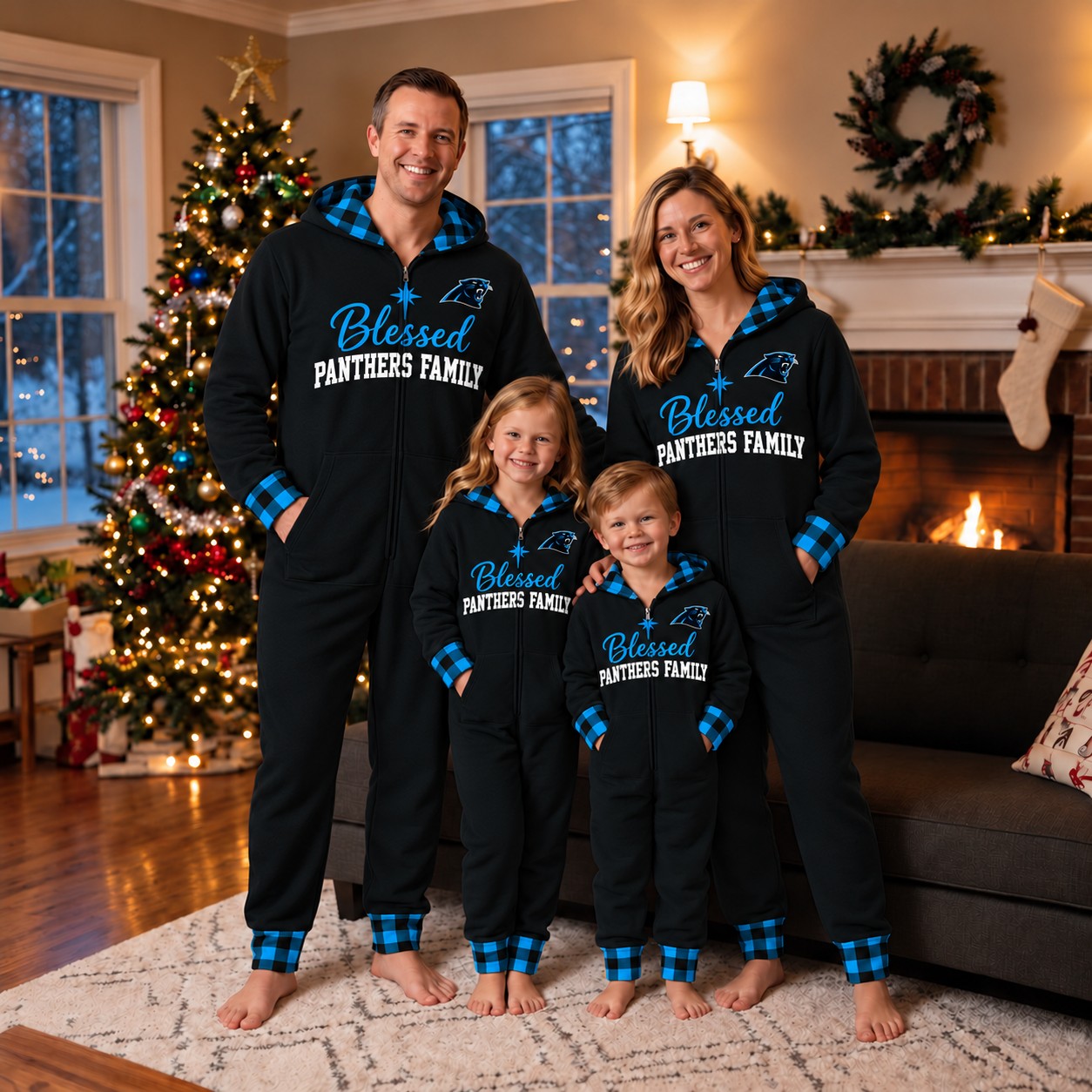 Carolina Panthers family Christmas onesies, blessed design