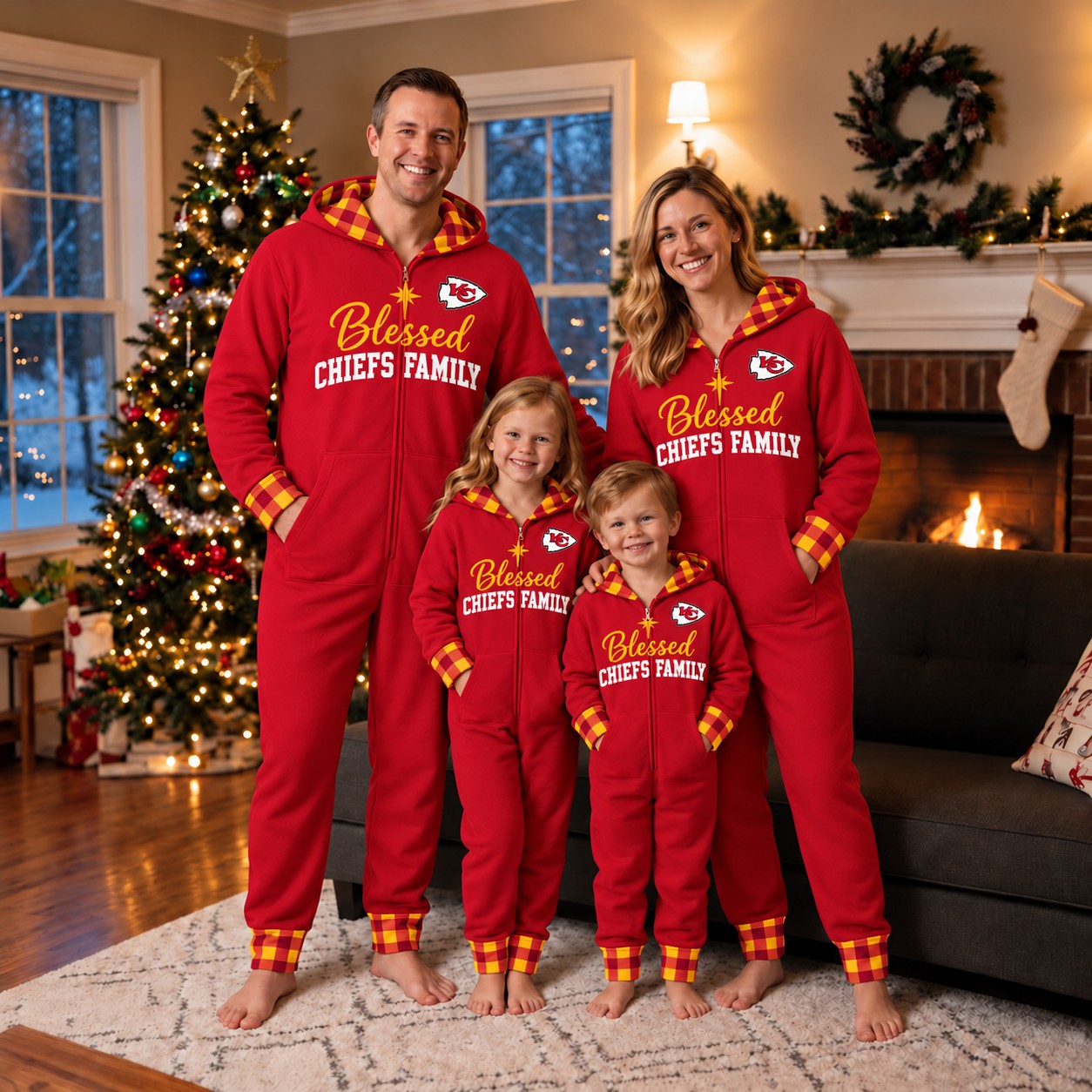 Kansas City Chiefs family Christmas onesies, blessed design