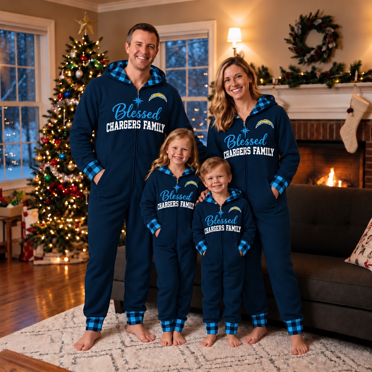 Los Angeles Chargers family Christmas onesies, blessed design