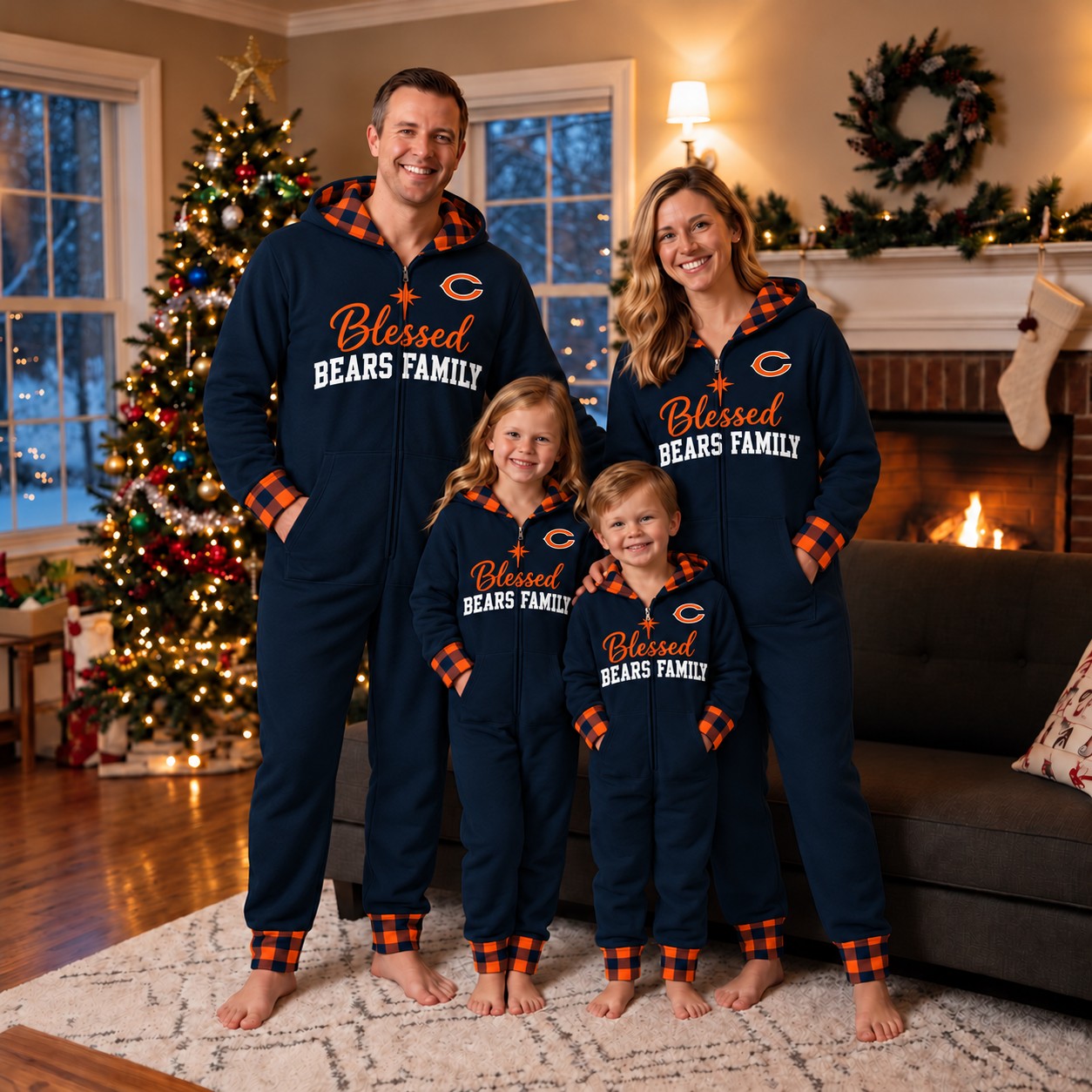 Chicago Bears family Christmas onesies, blessed design