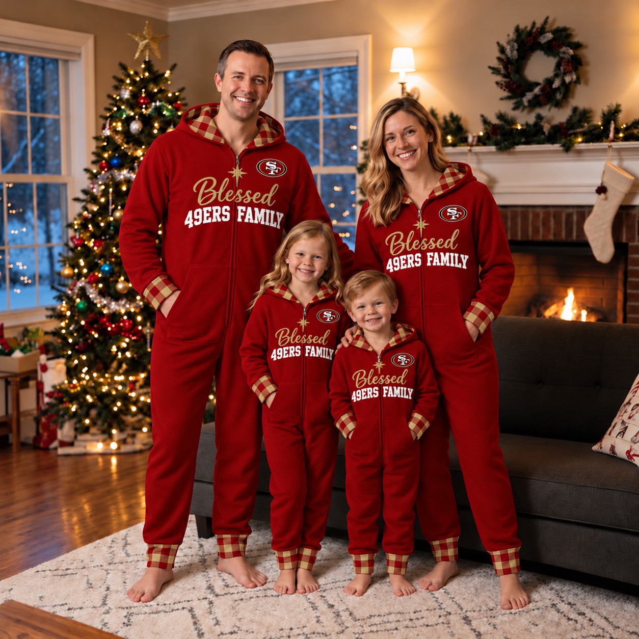 San Francisco 49ers family Christmas onesies, blessed design