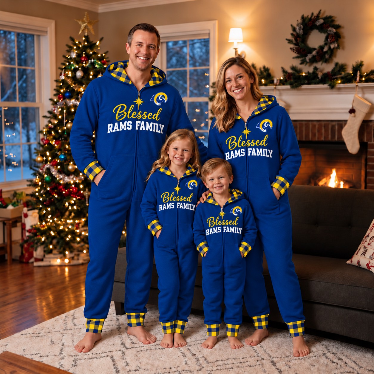 Los Angeles Rams family Christmas onesies, blessed design