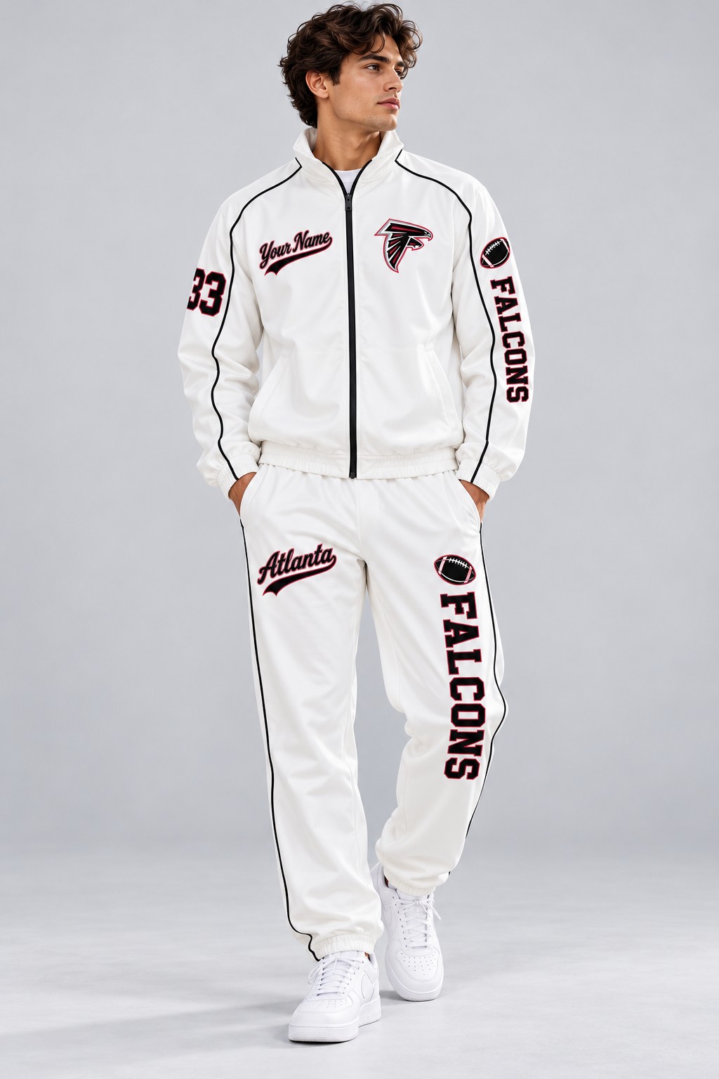 Model wearing the Atlanta Falcons tracksuit set in white
