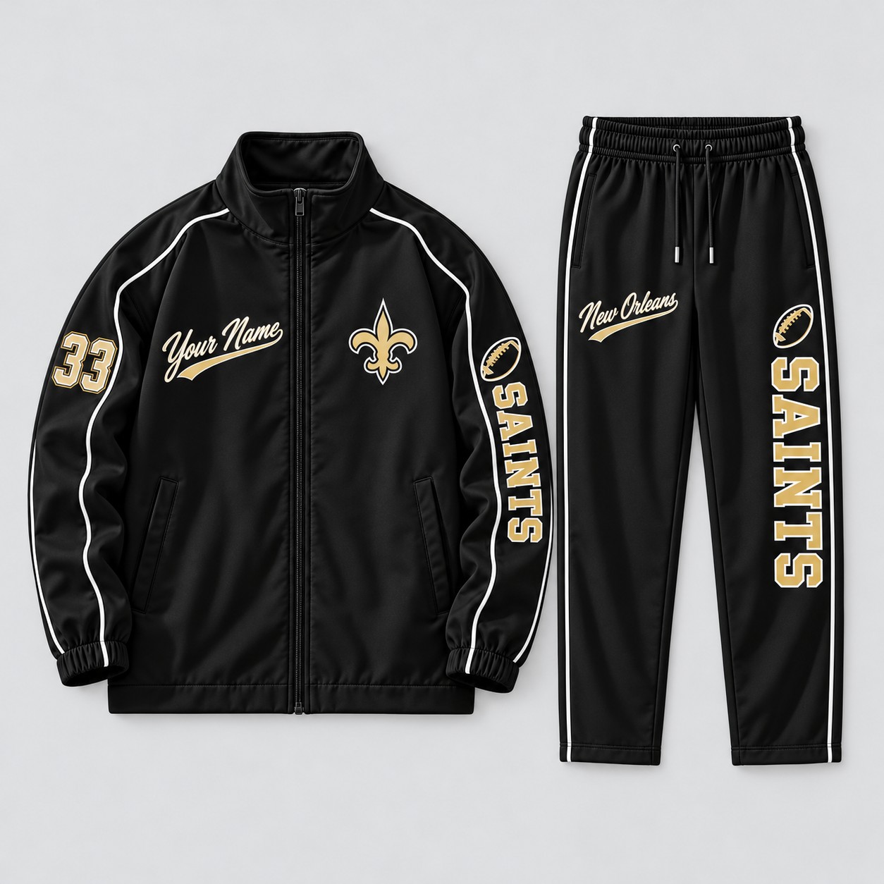 New Orleans Saints tracksuit set, zip jacket and pants with custom name and number