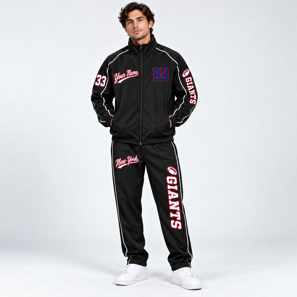 Model wearing the New York Giants tracksuit set in black