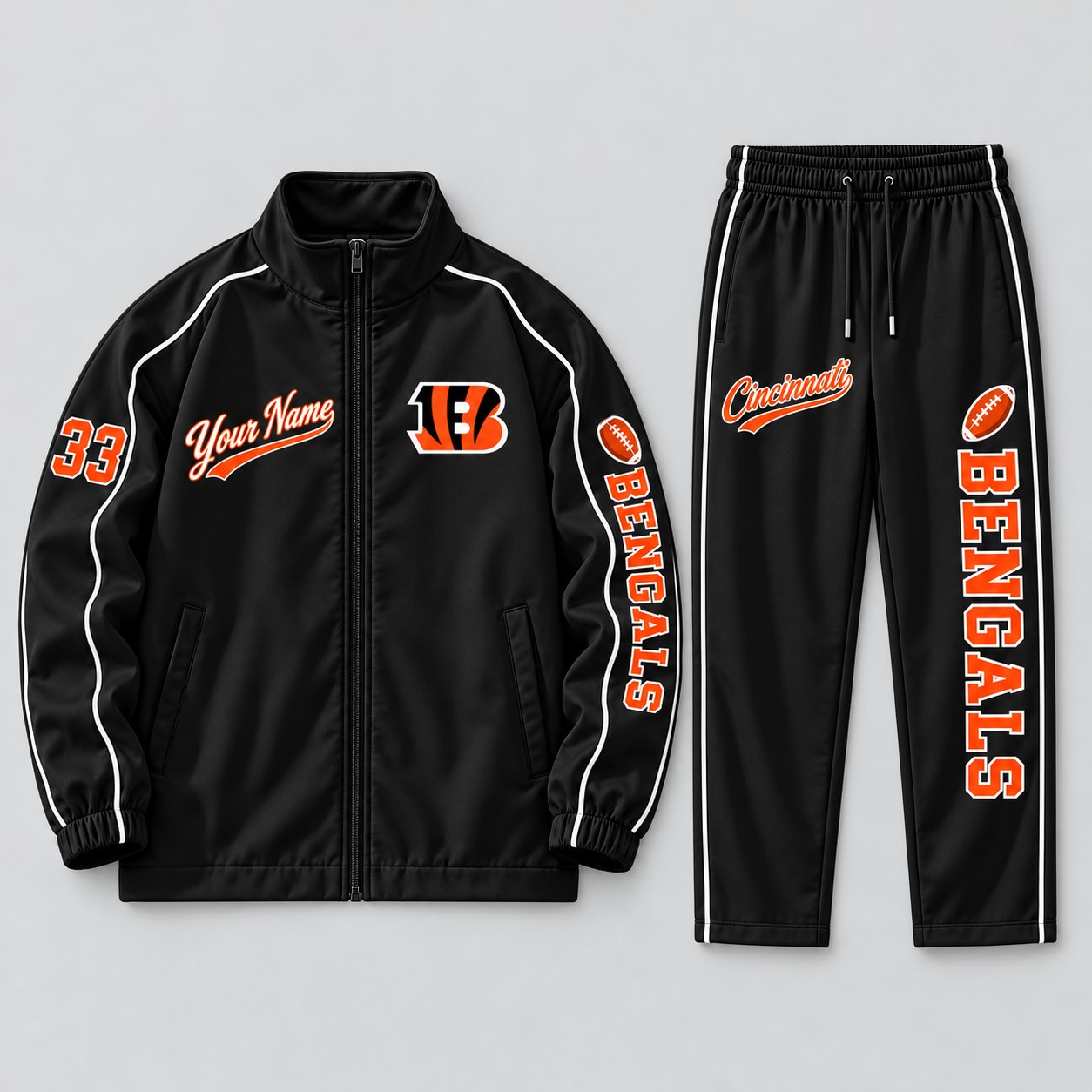 Cincinnati Bengals tracksuit set, zip jacket and pants with custom name and number