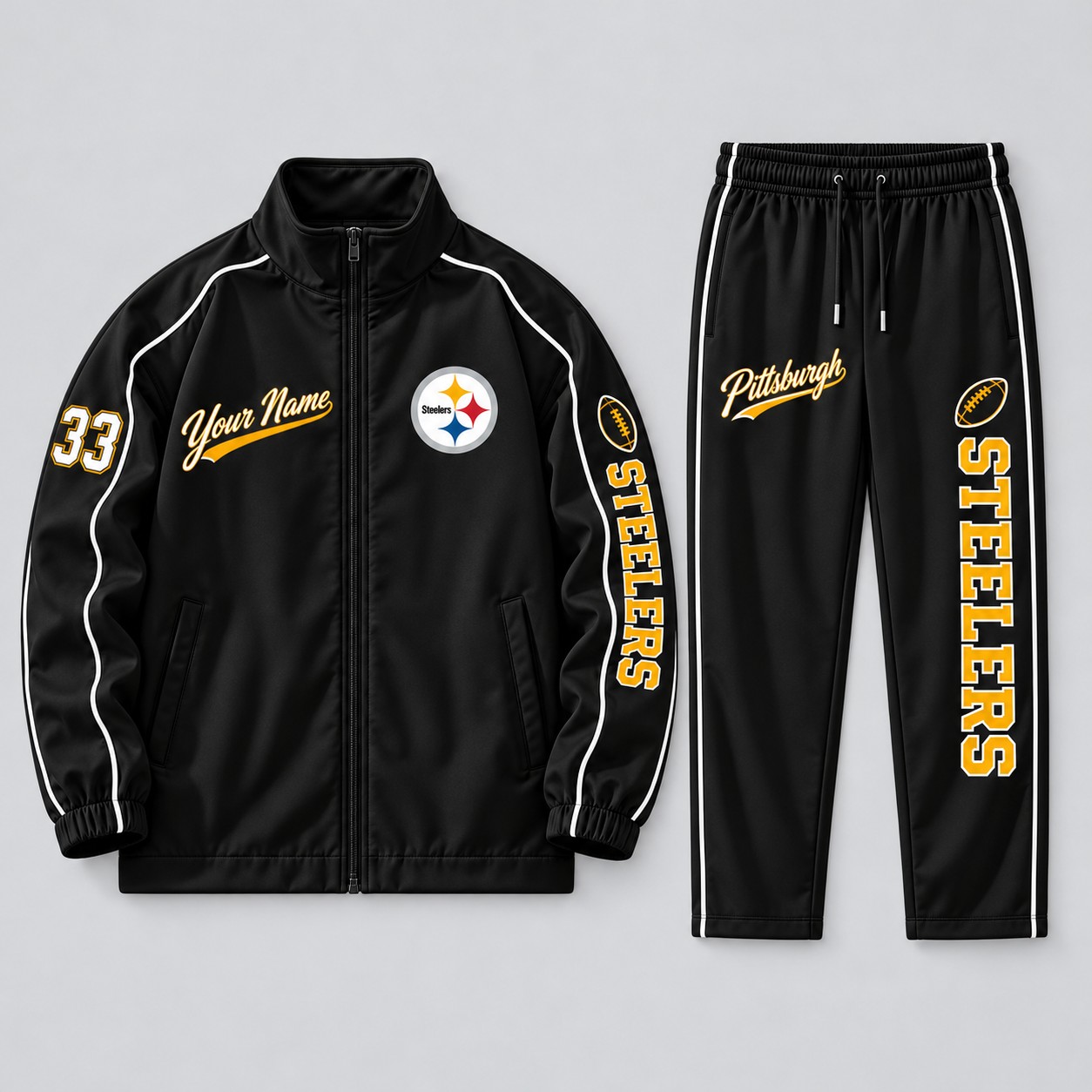 Pittsburgh Steelers tracksuit set, zip jacket and pants with custom name and number