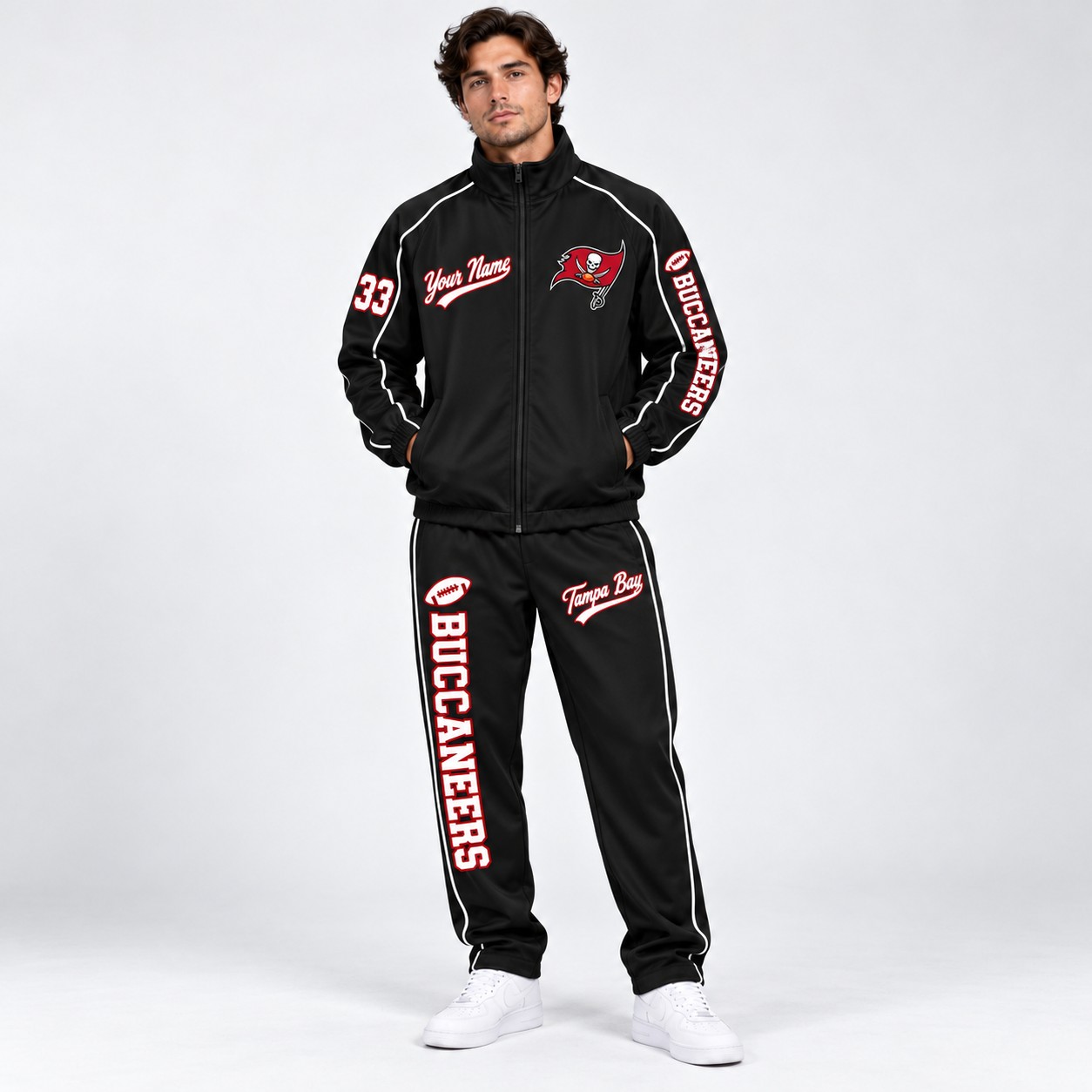 Model wearing the Tampa Bay Buccaneers tracksuit set in black