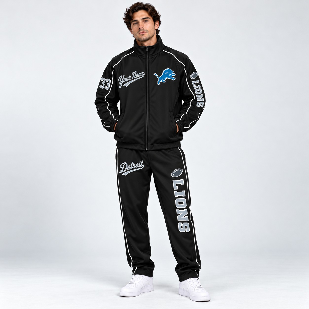 Model wearing the Detroit Lions tracksuit set in black