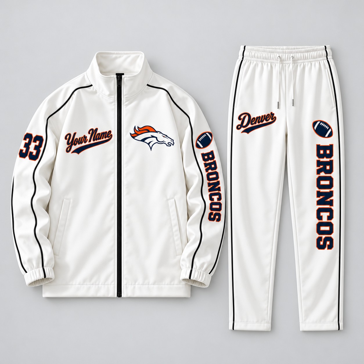 Denver Broncos tracksuit set, zip jacket and pants with custom name and number