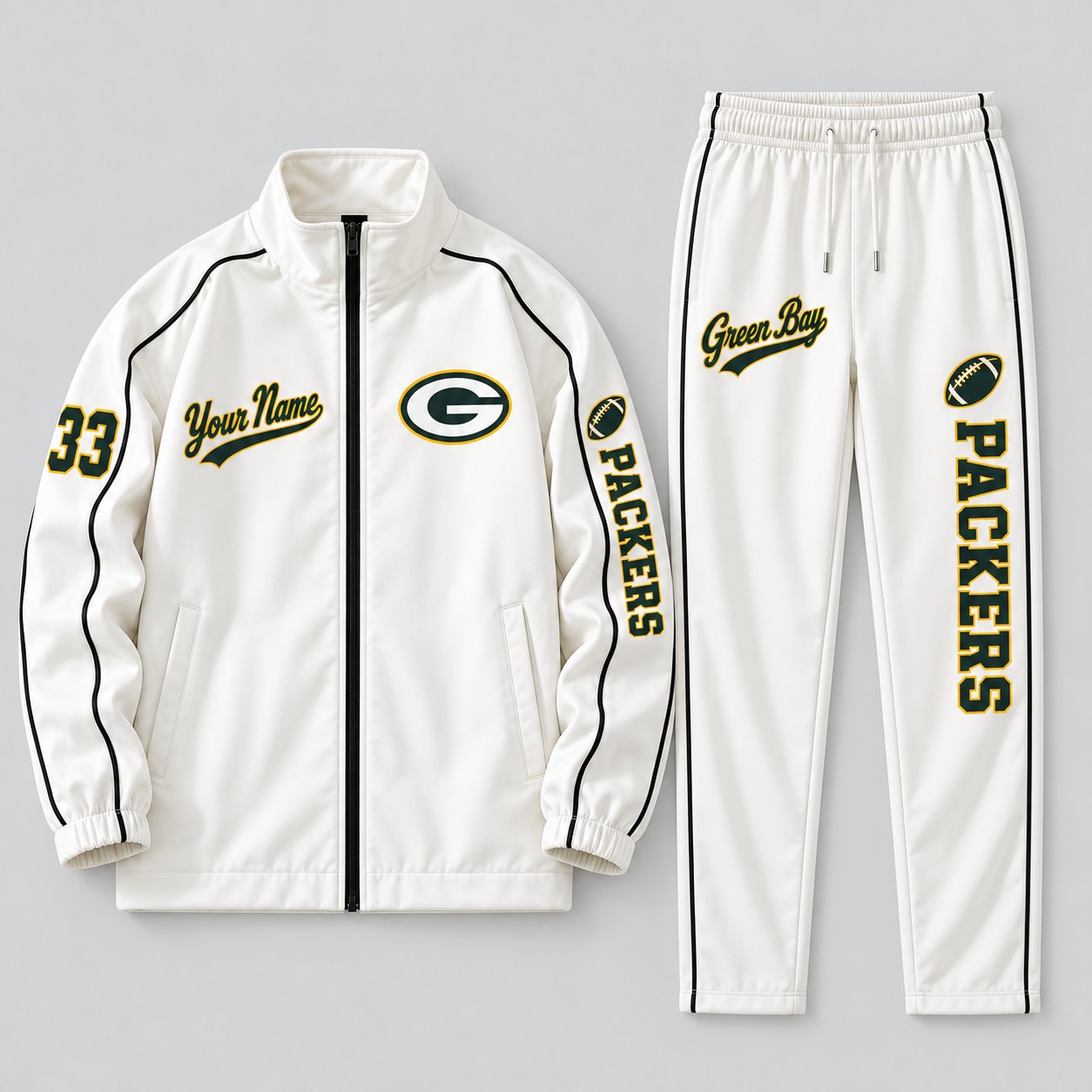Green Bay Packers tracksuit set, zip jacket and pants with custom name and number