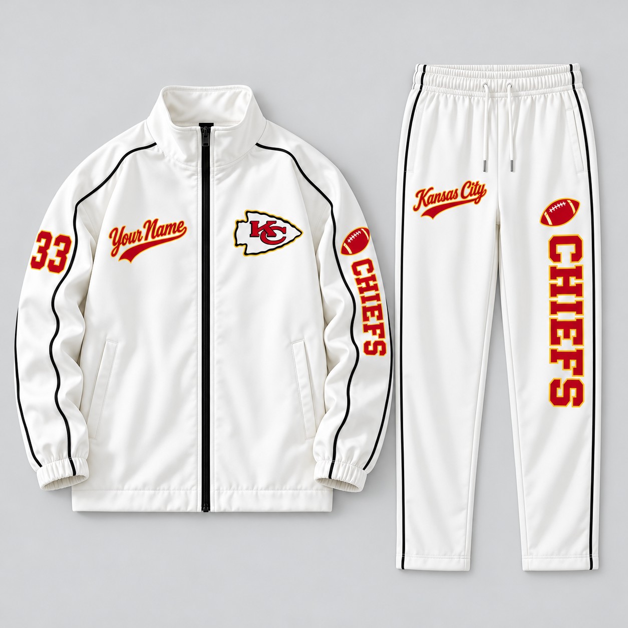 Kansas City Chiefs tracksuit set, zip jacket and pants with custom name and number