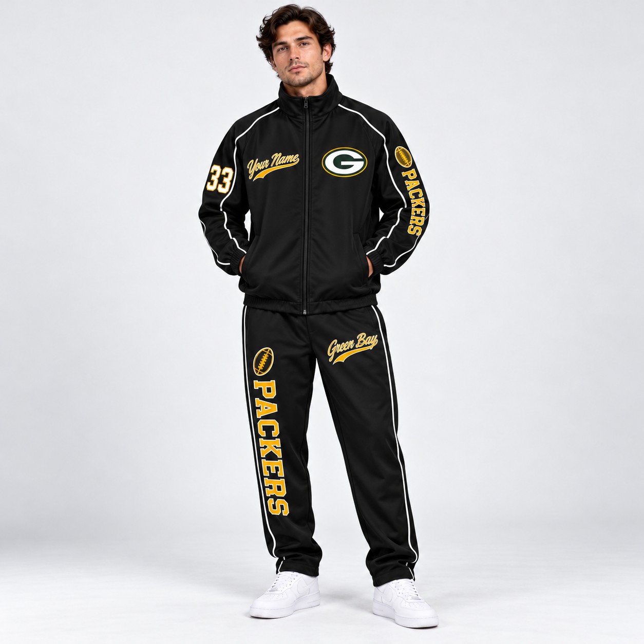 Model wearing the Green Bay Packers tracksuit set in black
