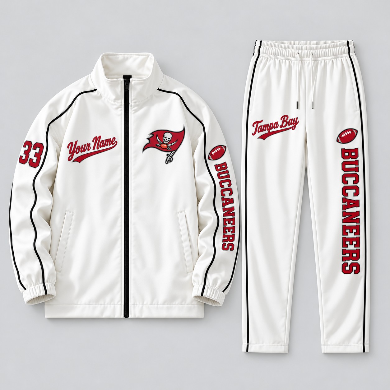 Tampa Bay Buccaneers tracksuit set, zip jacket and pants with custom name and number