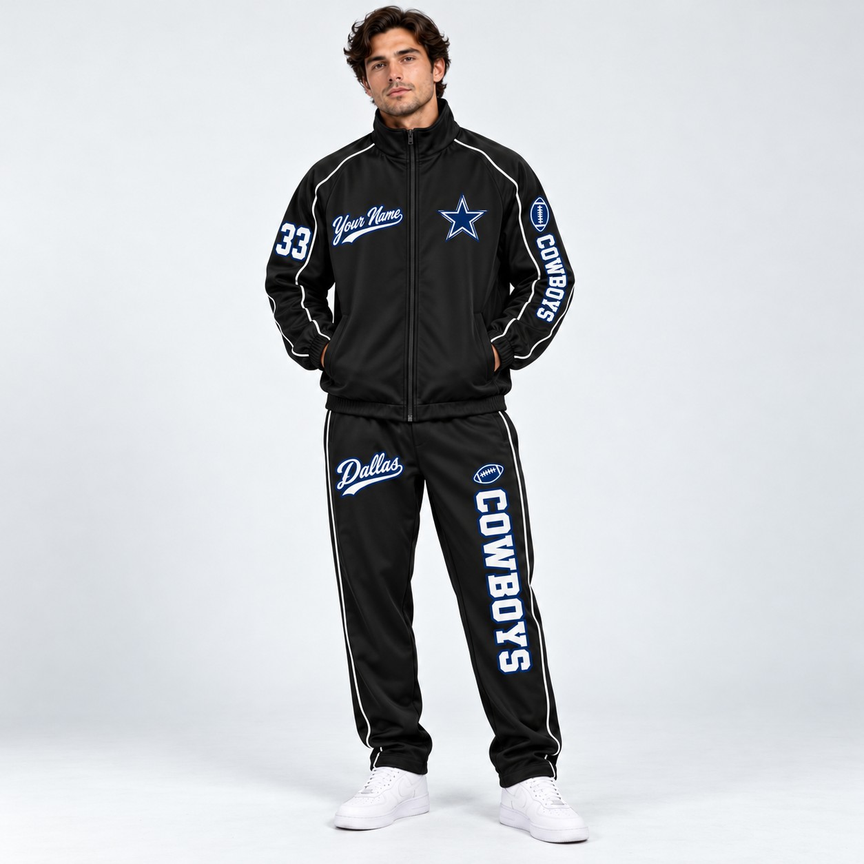 Model wearing the Dallas Cowboys tracksuit set in black