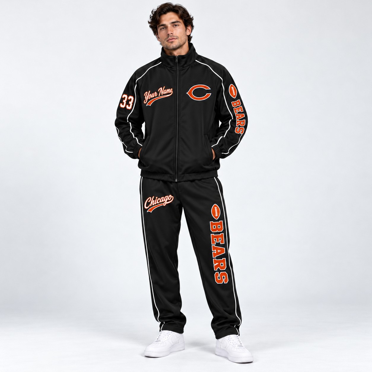 Model wearing the Chicago Bears tracksuit set in black