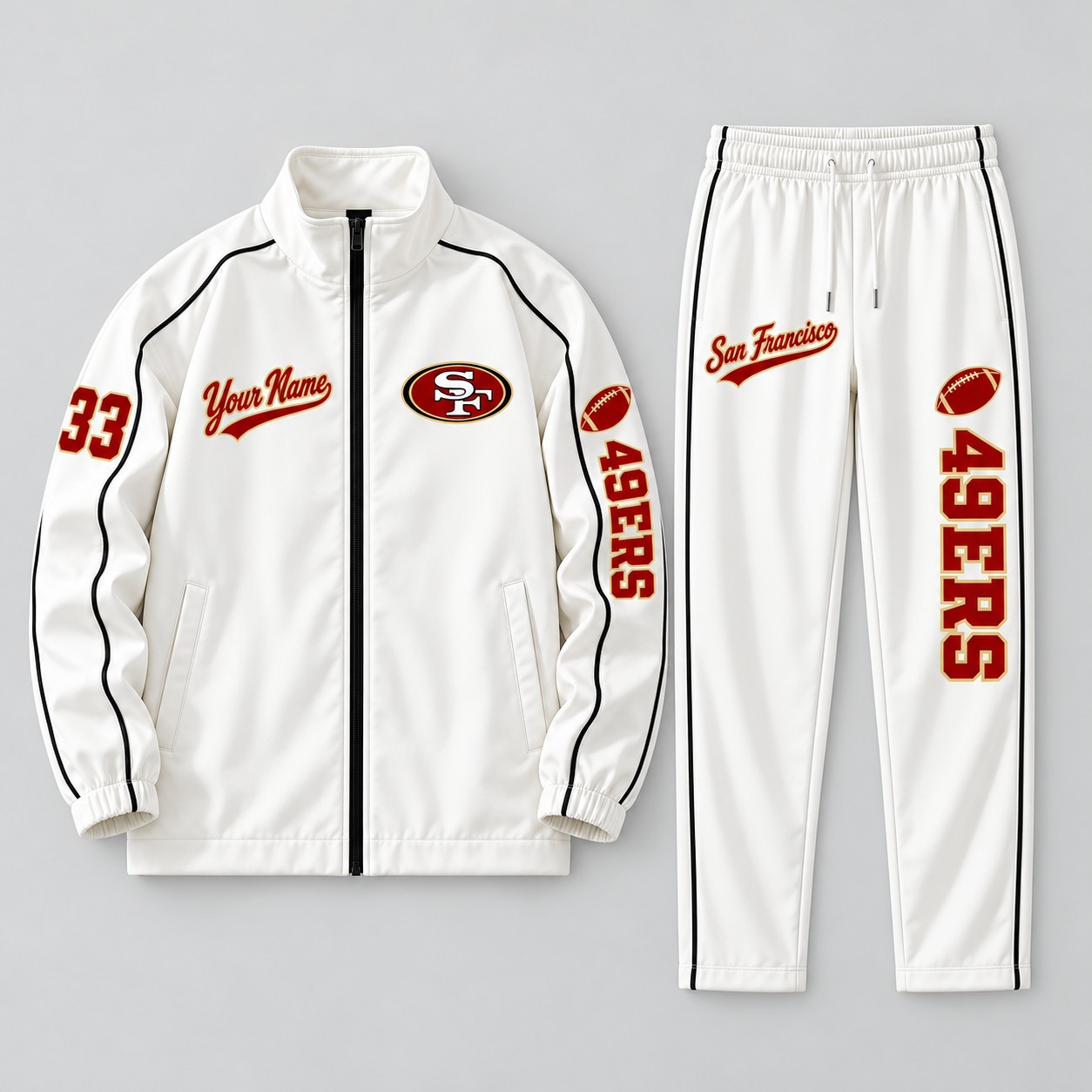 San Francisco 49ers tracksuit set, zip jacket and pants with custom name and number