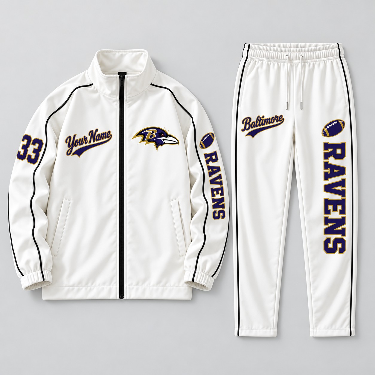 Baltimore Ravens tracksuit set, zip jacket and pants with custom name and number