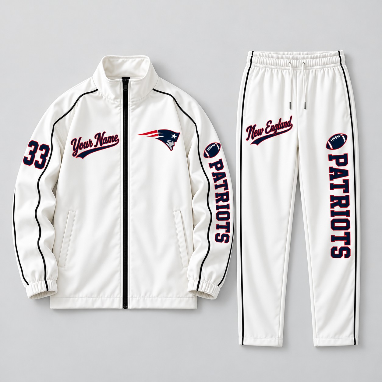 New England Patriots tracksuit set, zip jacket and pants with custom name and number