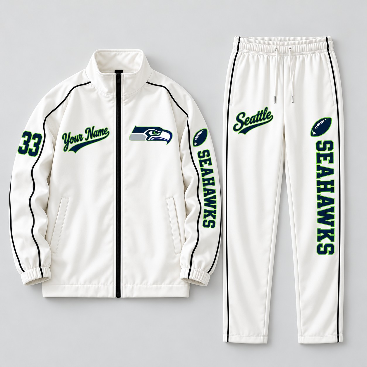 Seattle Seahawks tracksuit set, zip jacket and pants with custom name and number