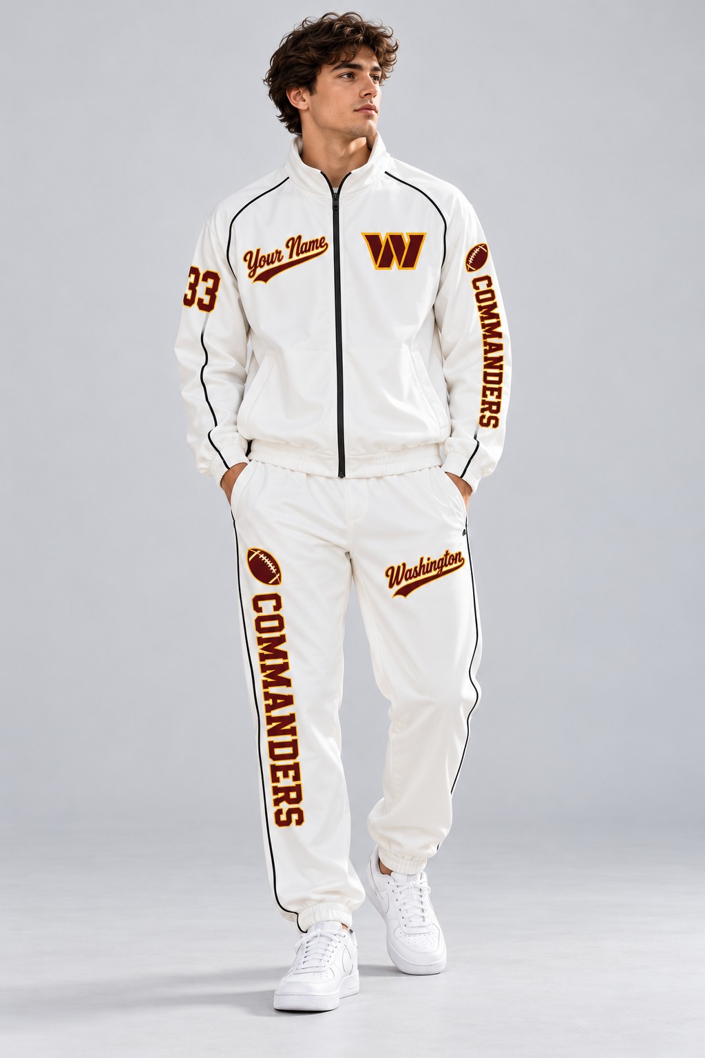 Model wearing the Washington Commanders tracksuit set