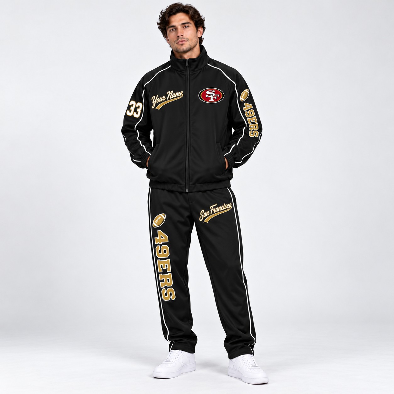 Model wearing the San Francisco 49ers tracksuit set in black