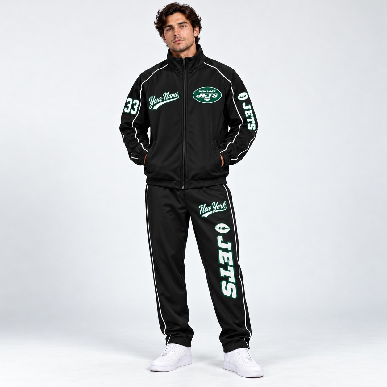 Model wearing the New York Jets tracksuit set in black