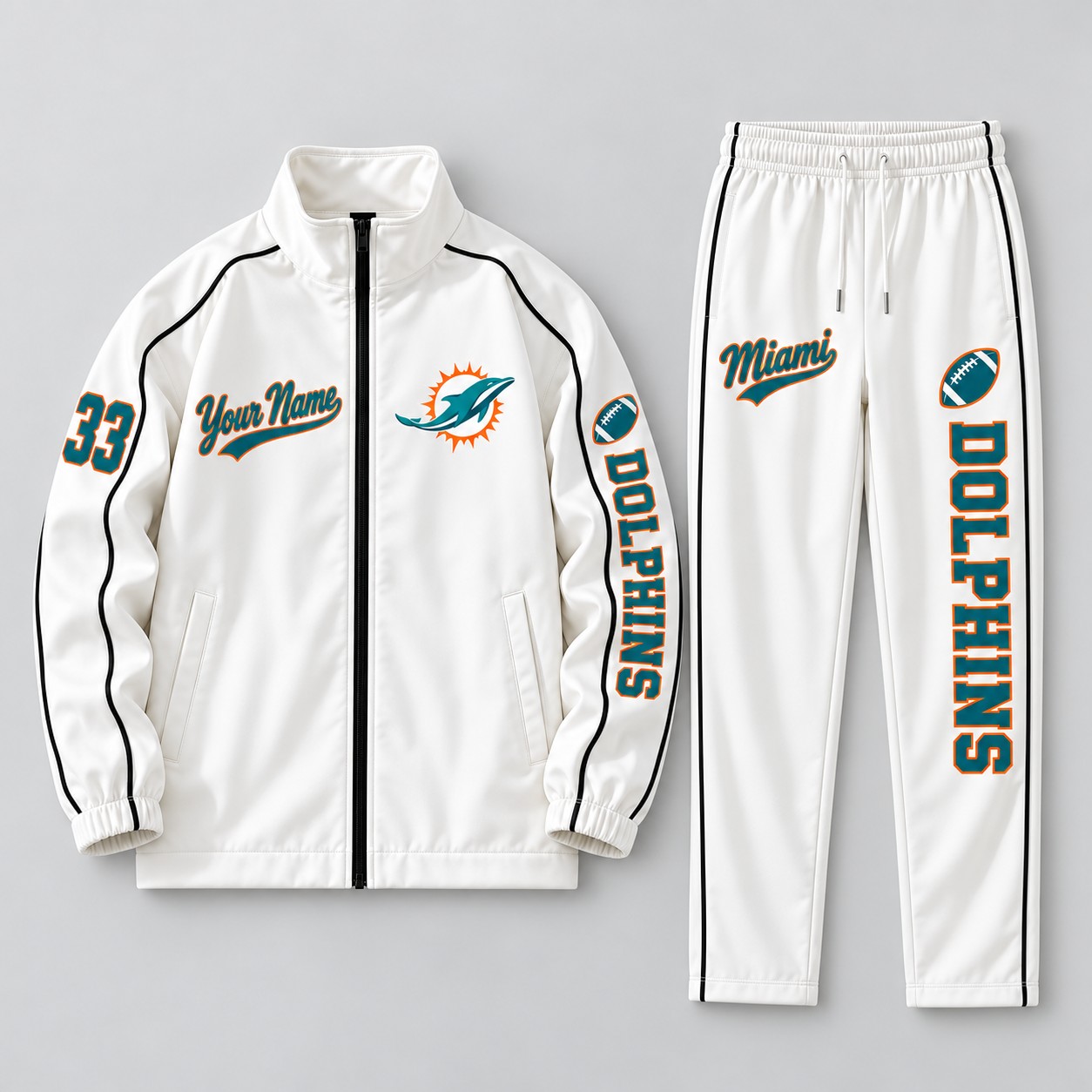Miami Dolphins tracksuit set, zip jacket and pants with custom name and number