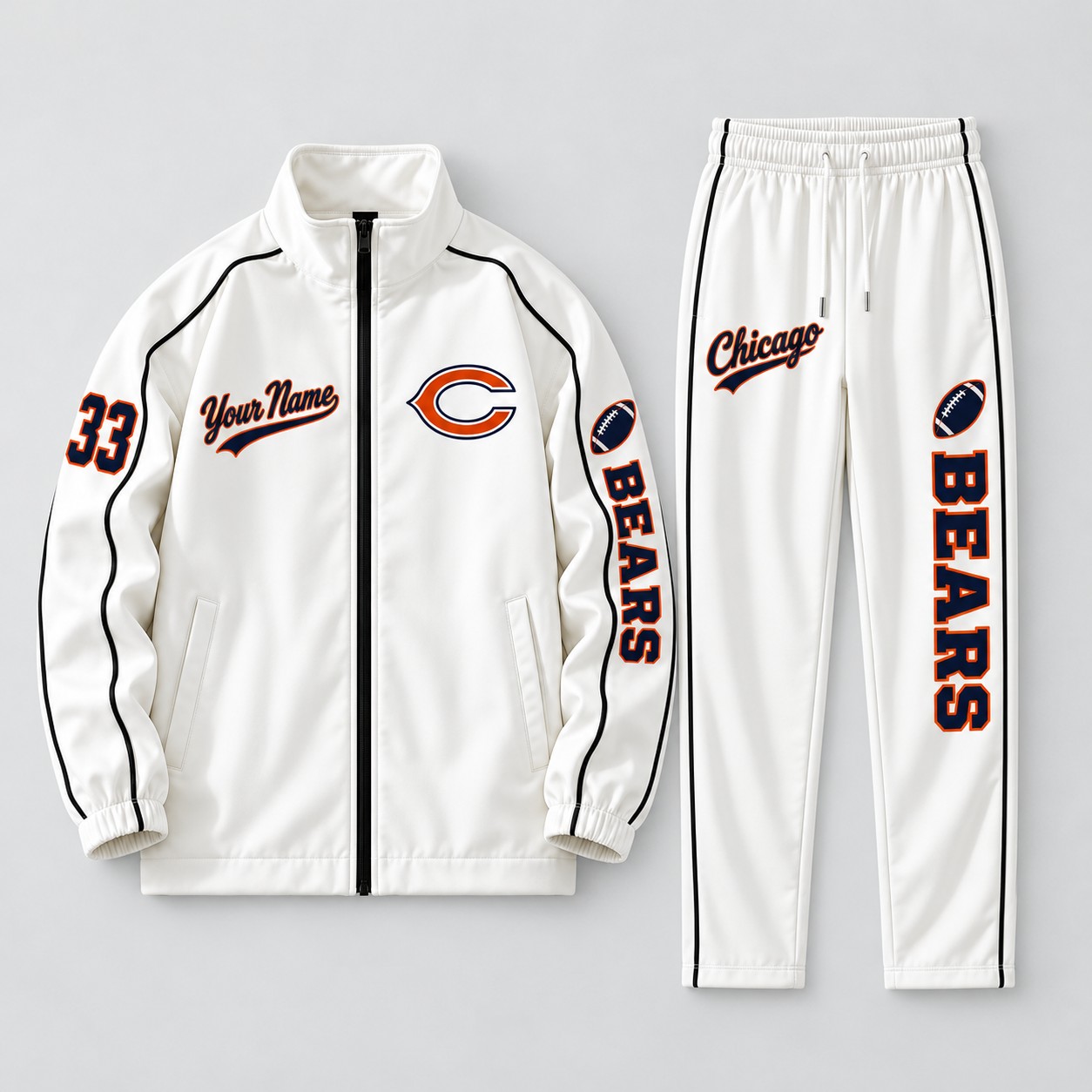 Chicago Bears tracksuit set, zip jacket and pants with custom name and number