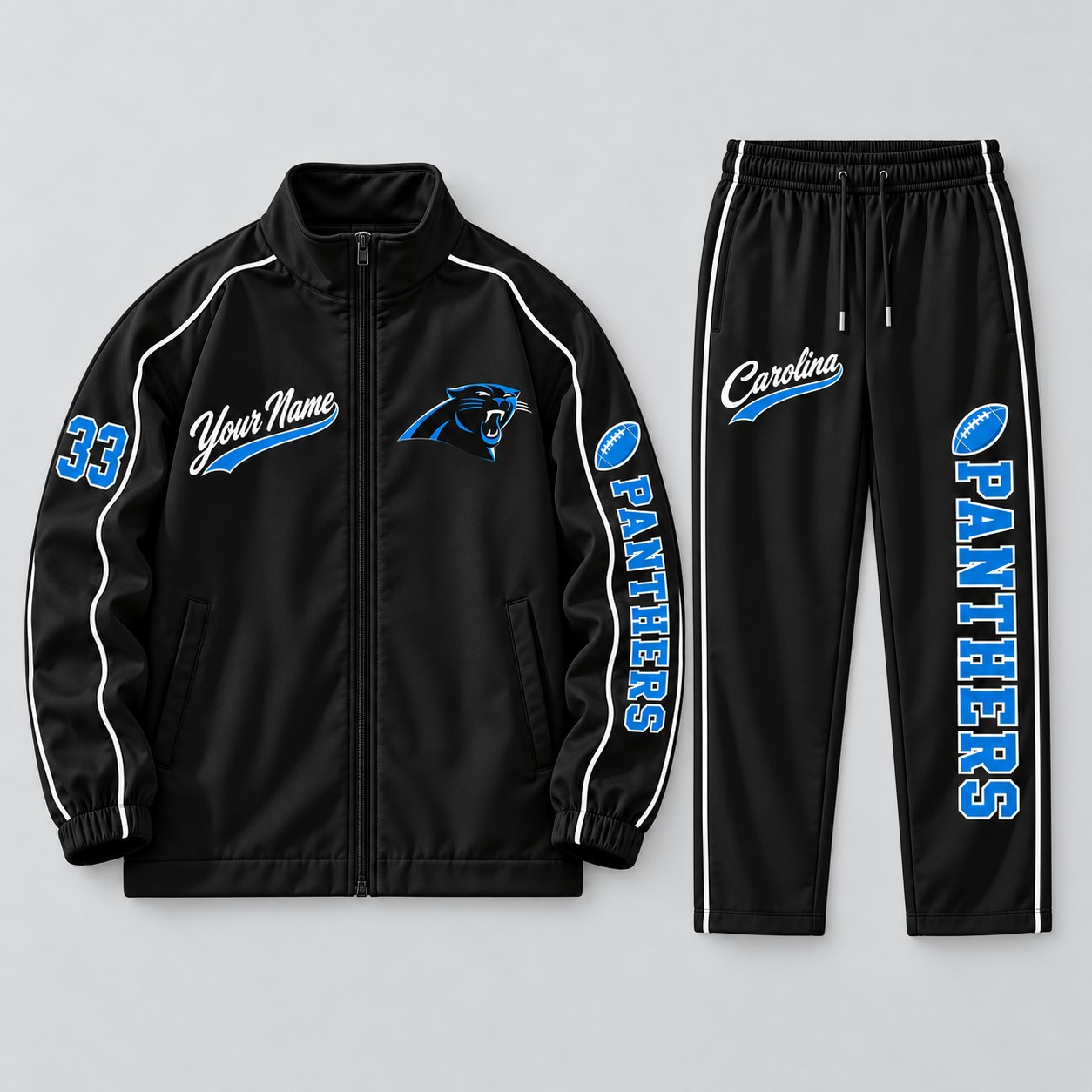 Carolina Panthers tracksuit set, zip jacket and pants with custom name and number
