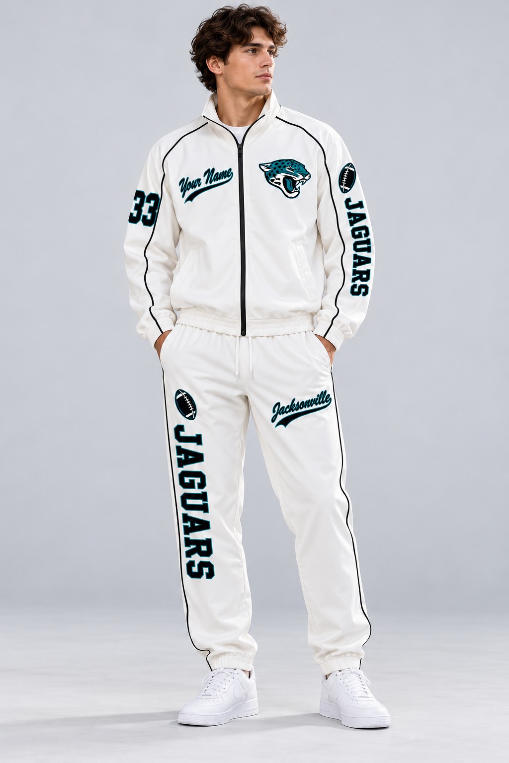 Model wearing the Jacksonville Jaguars tracksuit set in white