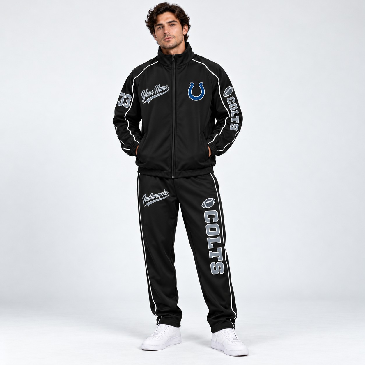 Model wearing the Indianapolis Colts tracksuit set in black