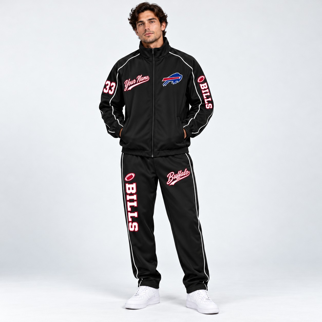 Model wearing the Buffalo Bills tracksuit set in black