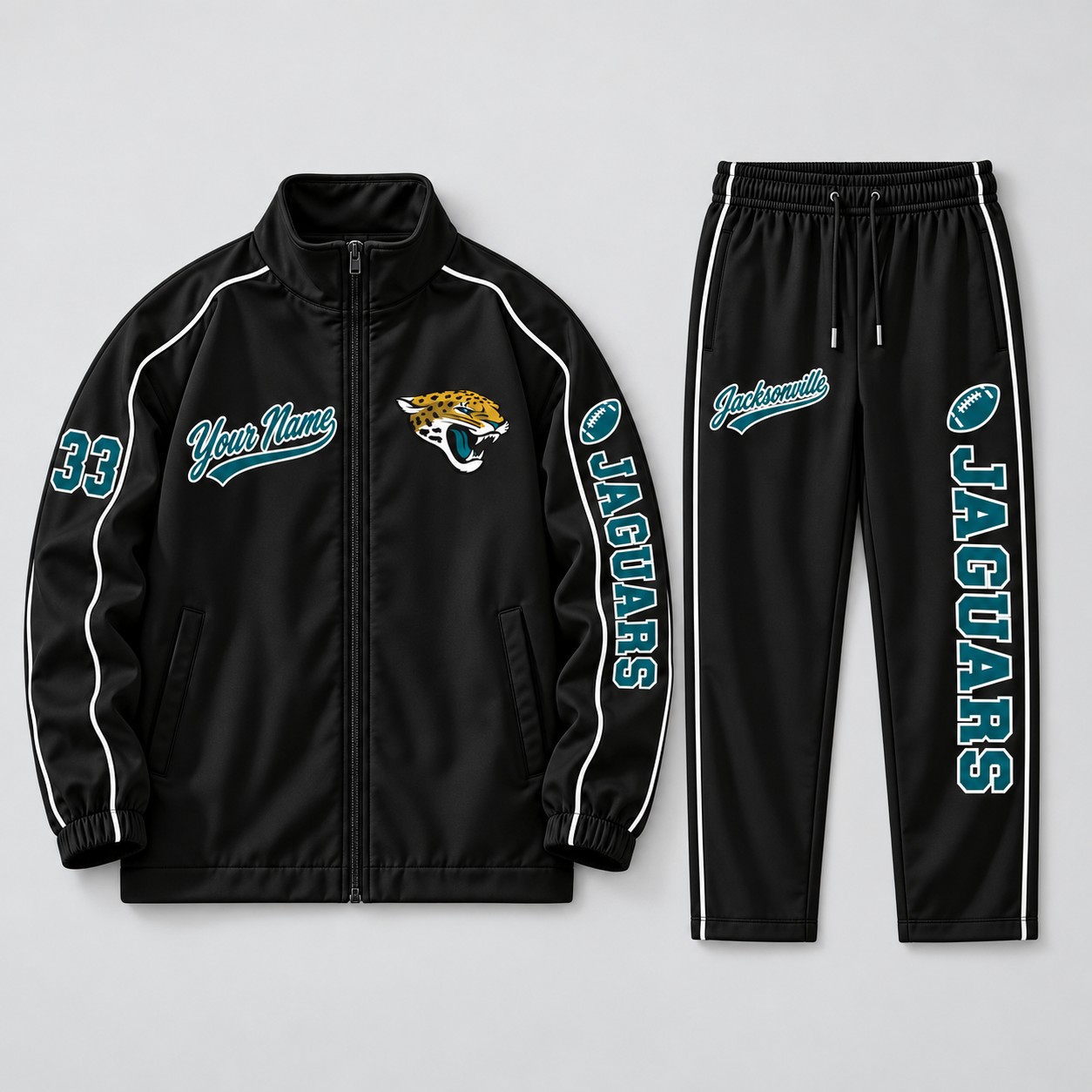 Jacksonville Jaguars tracksuit set, zip jacket and pants with custom name and number