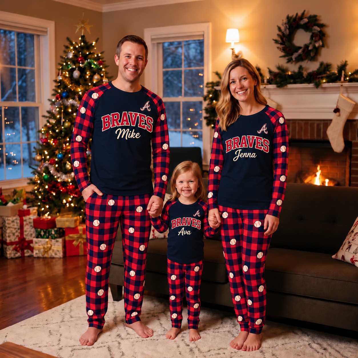 Atlanta Braves family Christmas pajamas, plaid design