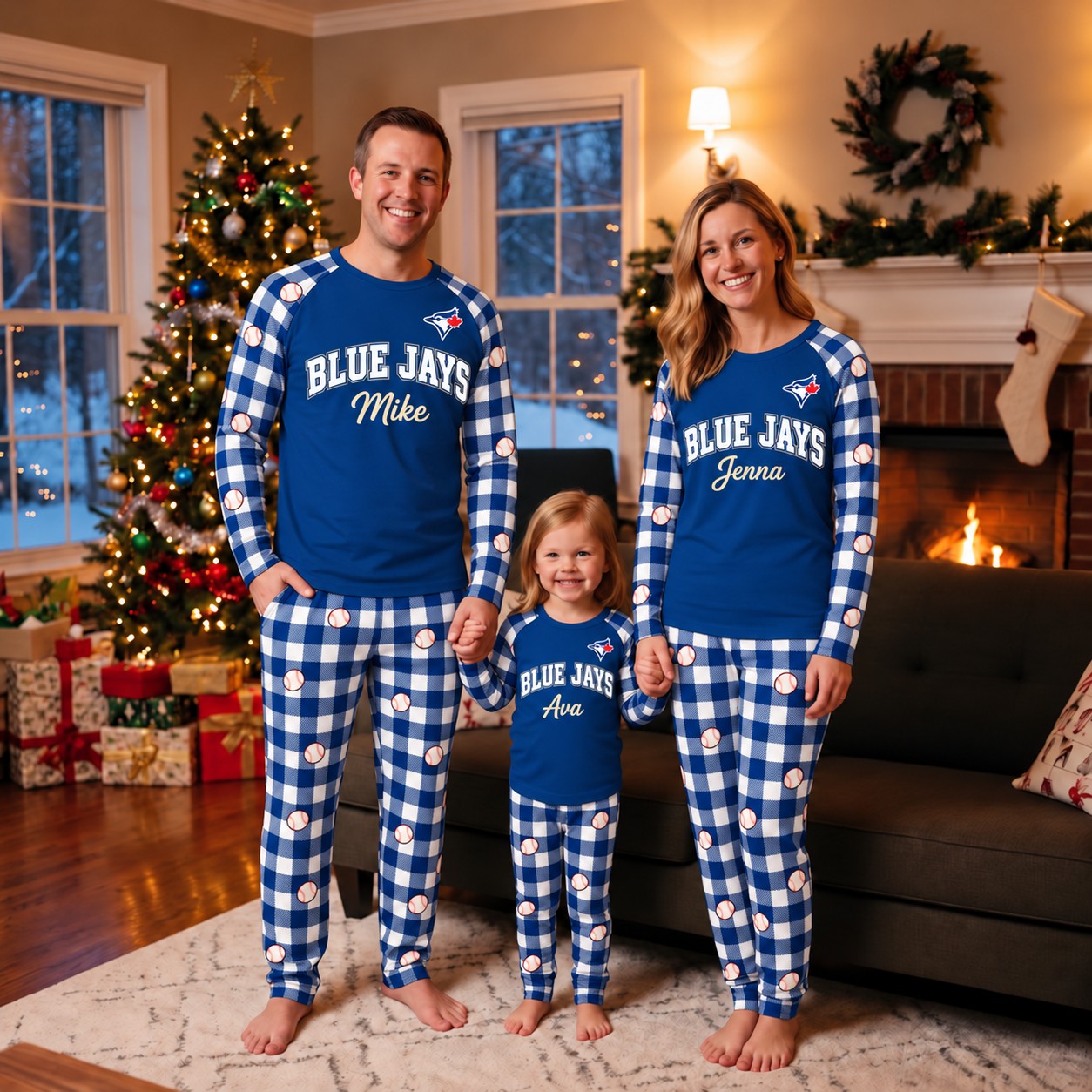 Toronto Blue Jays family Christmas pajamas, plaid design