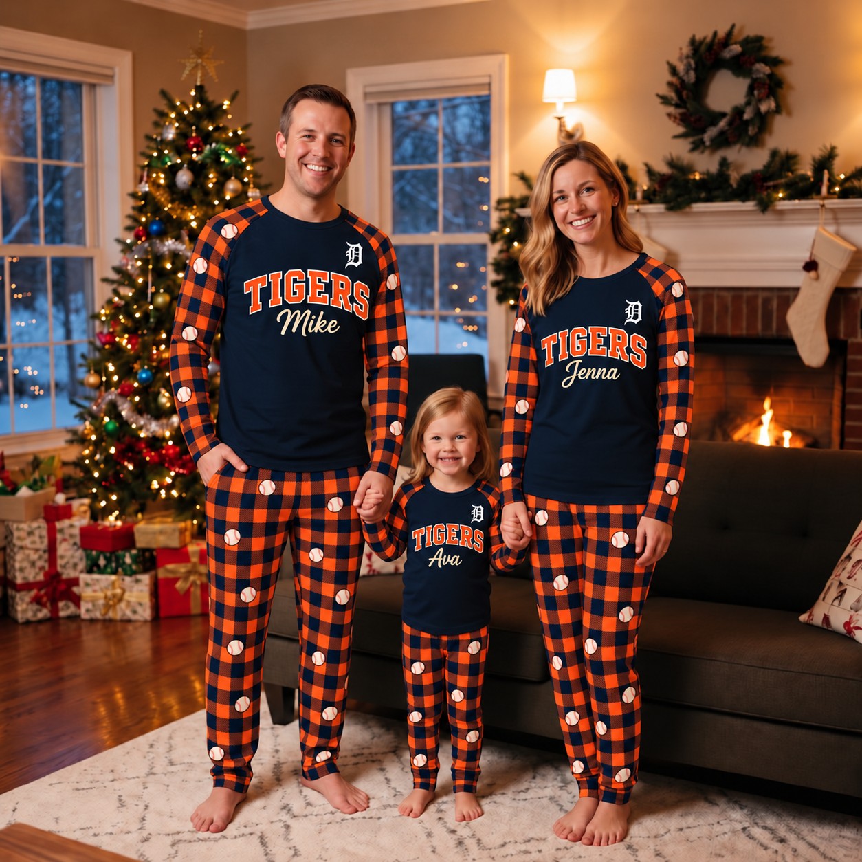 Detroit Tigers family Christmas pajamas, plaid design