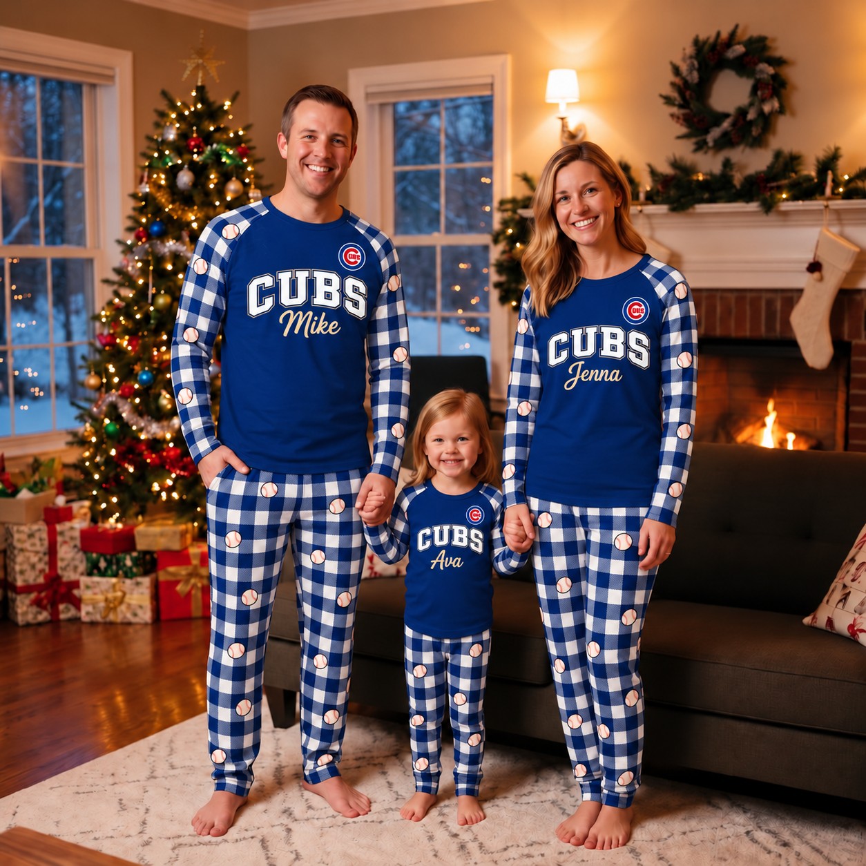 Chicago Cubs family Christmas pajamas, plaid design