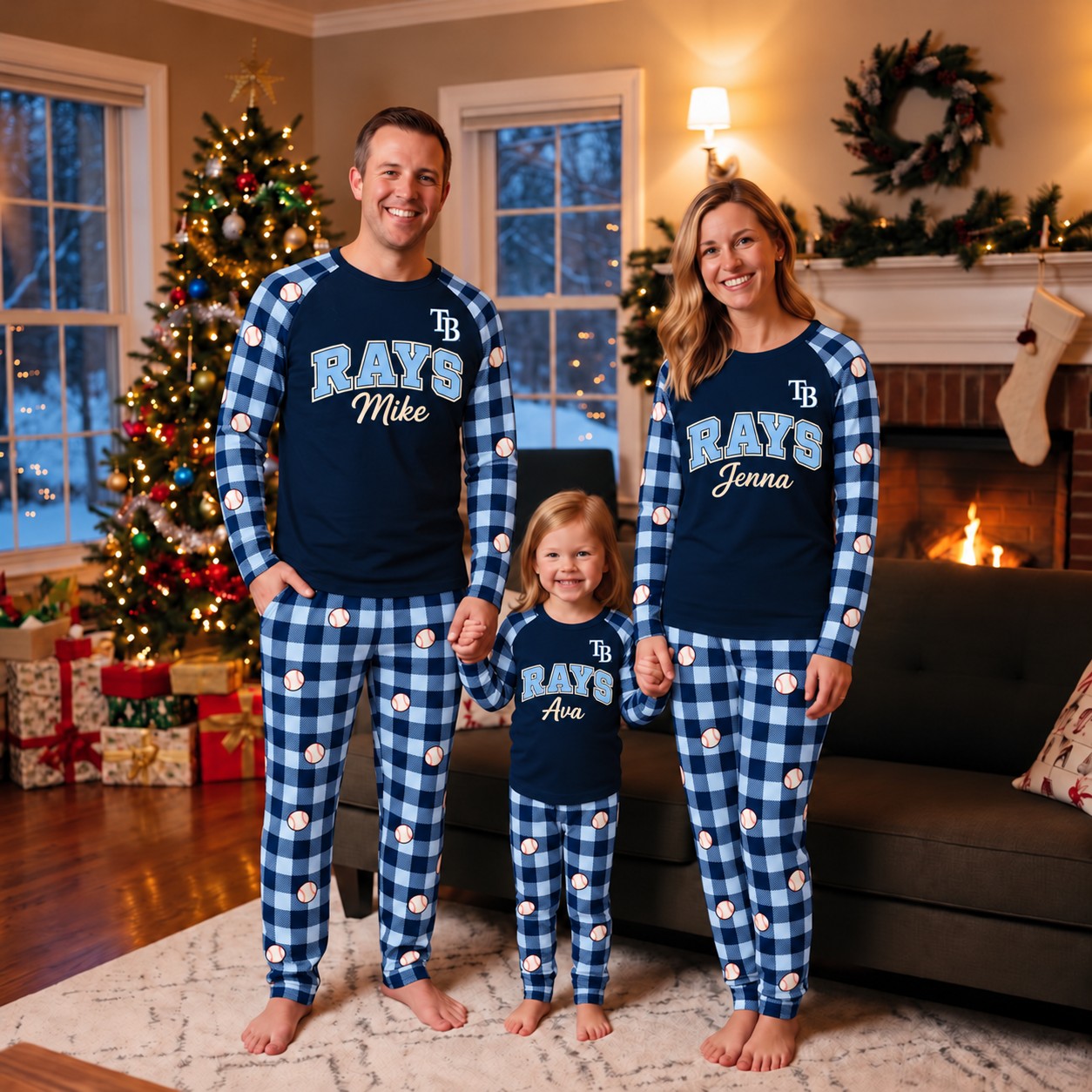 Tampa Bay Rays family Christmas pajamas, plaid design
