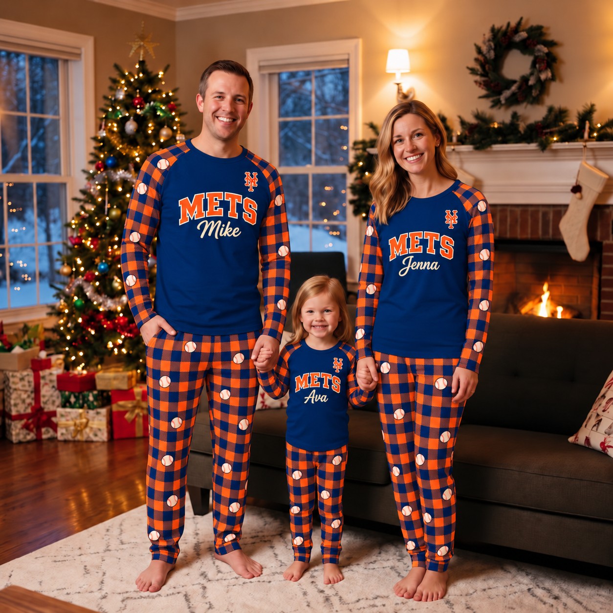 New York Mets family Christmas pajamas, plaid design