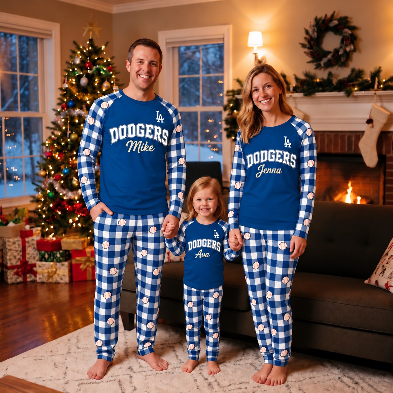Los Angeles Dodgers family Christmas pajamas, plaid design