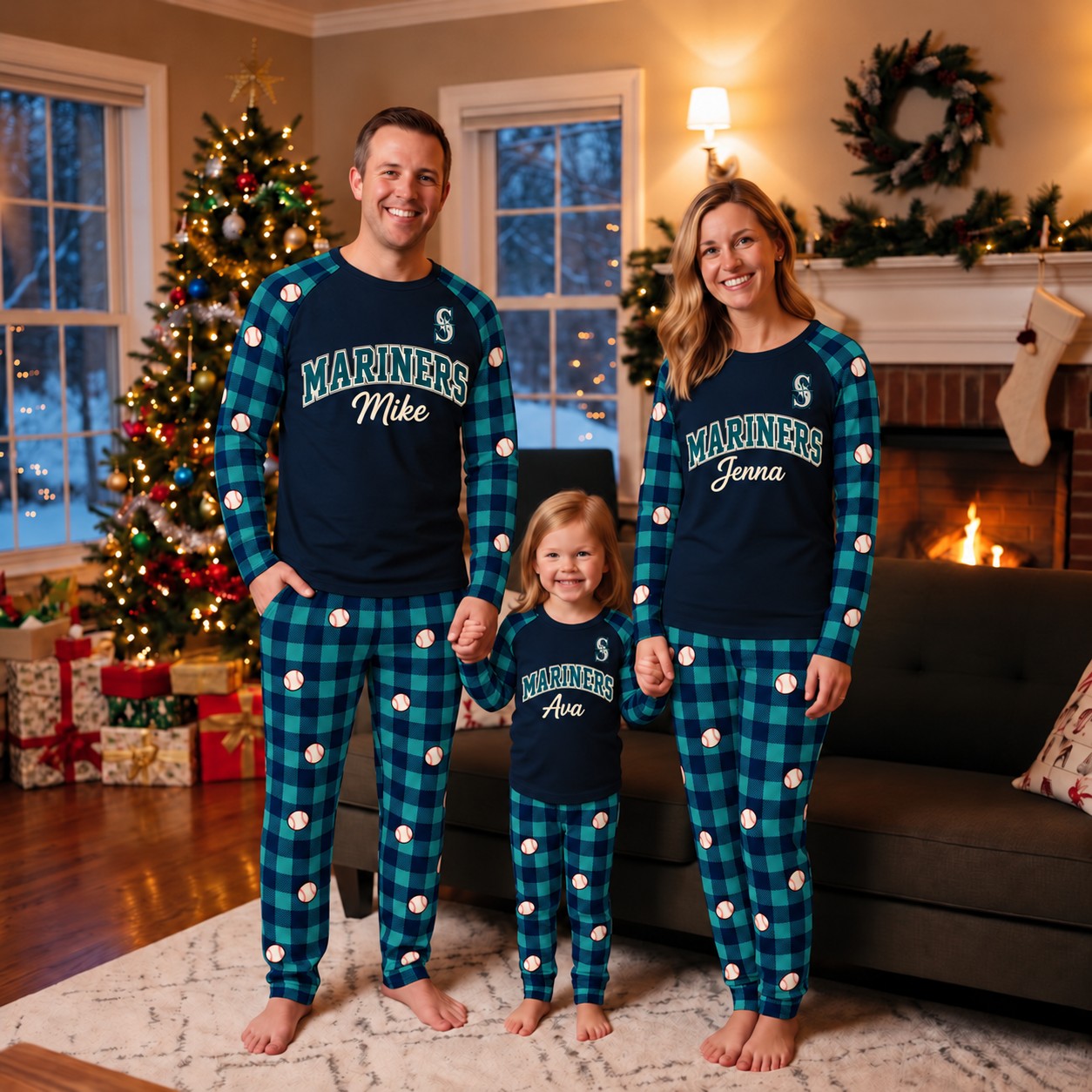 Seattle Mariners family Christmas pajamas, plaid design