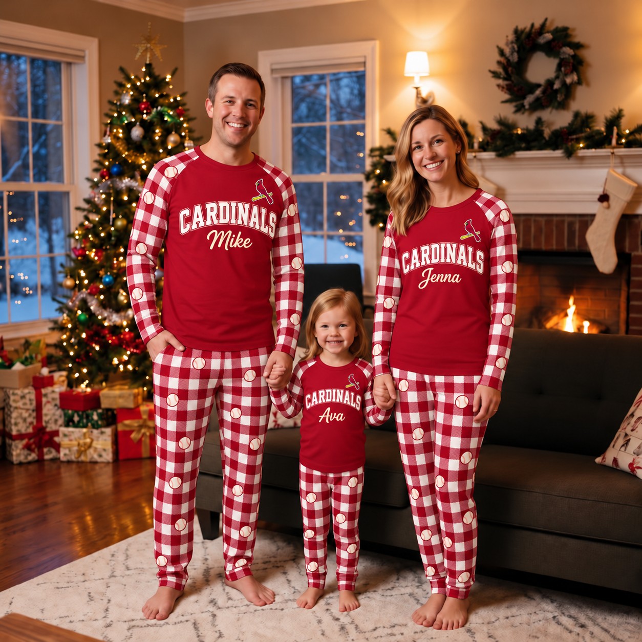 St. Louis Cardinals family Christmas pajamas, plaid design