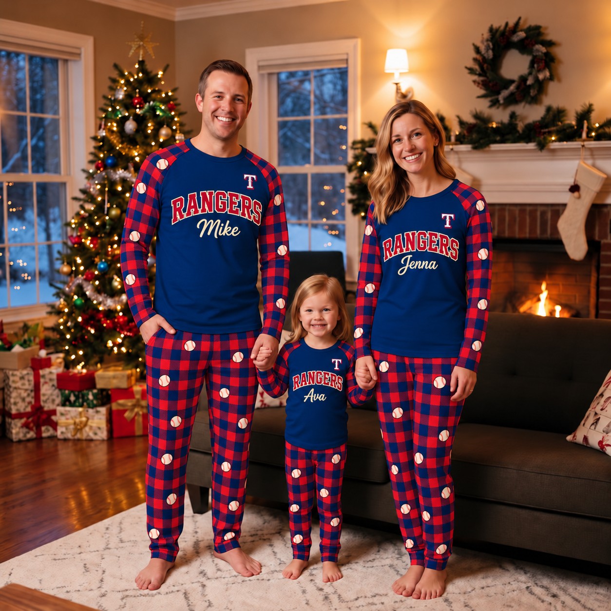 Texas Rangers family Christmas pajamas, plaid design