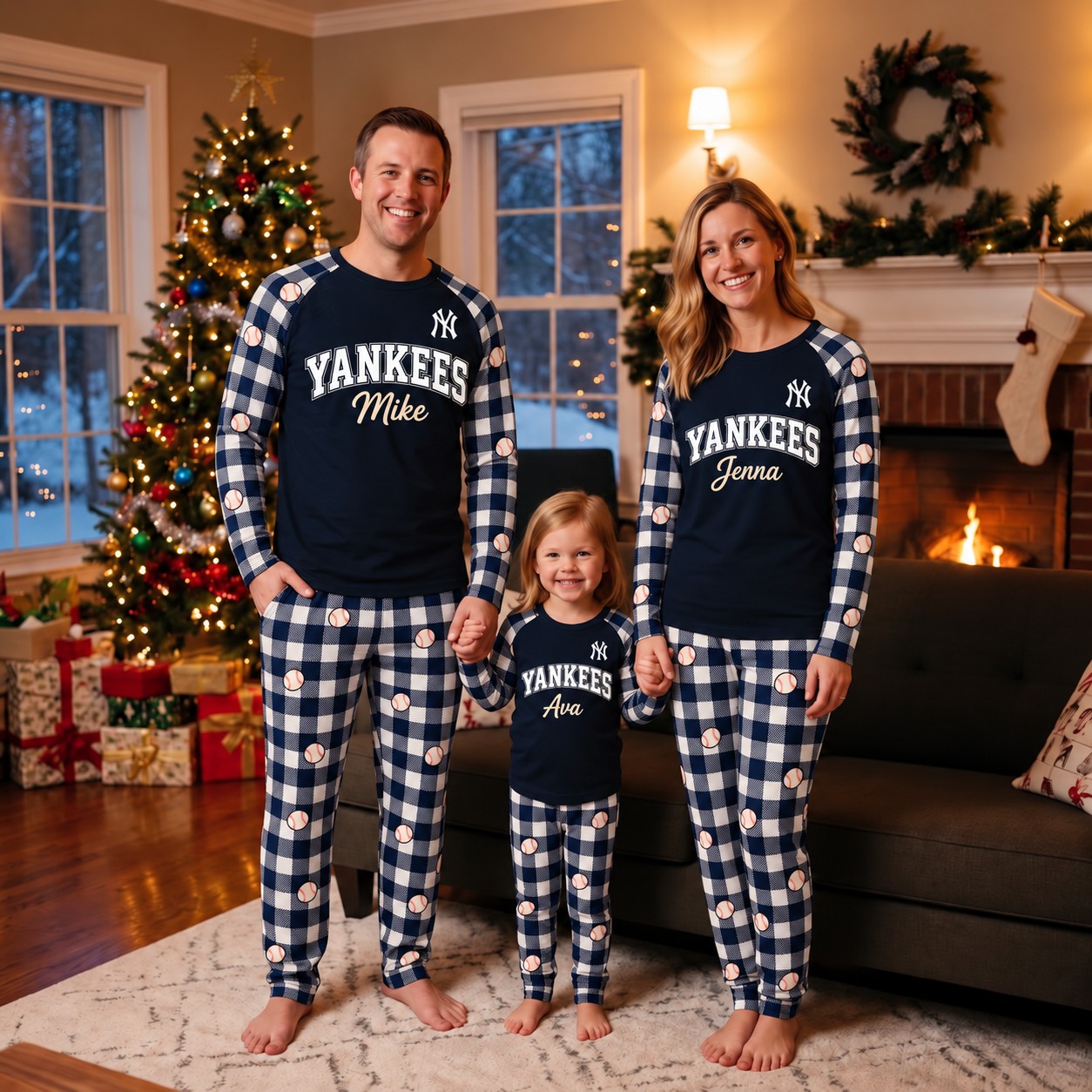 New York Yankees family Christmas pajamas, plaid design