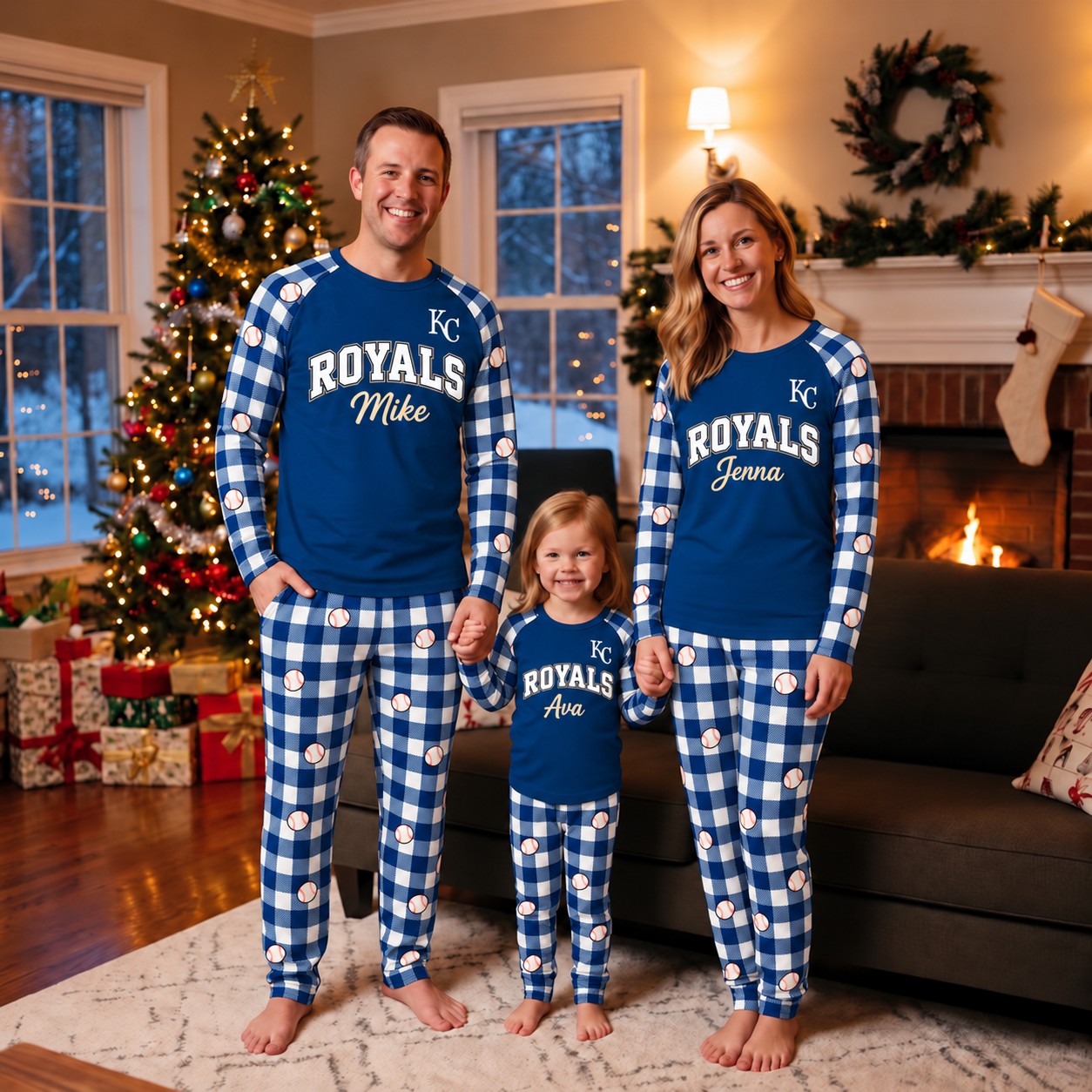 Kansas City Royals family Christmas pajamas, plaid design