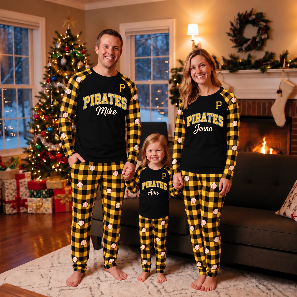 Pittsburgh Pirates family Christmas pajamas, plaid design