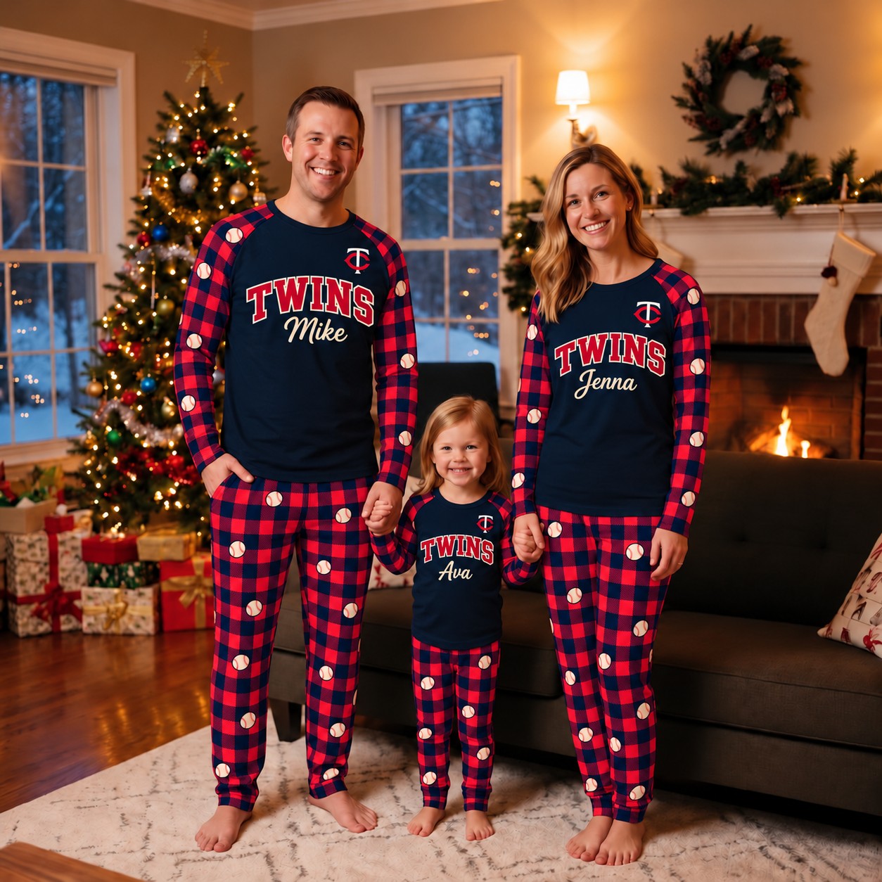 Minnesota Twins family Christmas pajamas, plaid design