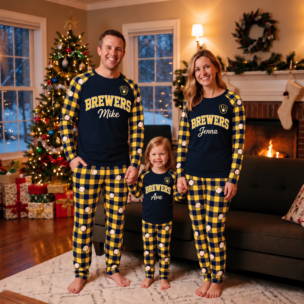 Milwaukee Brewers family Christmas pajamas, plaid design