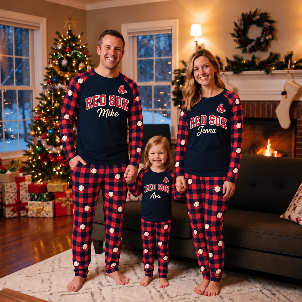 Boston Red Sox family Christmas pajamas, plaid design